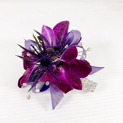 Purple Orchid Corsage With Thistle & Bracelet :: Ashland Addison Florist Co.