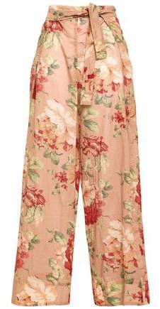 Belted Floral-print Cotton Wide-leg Pants