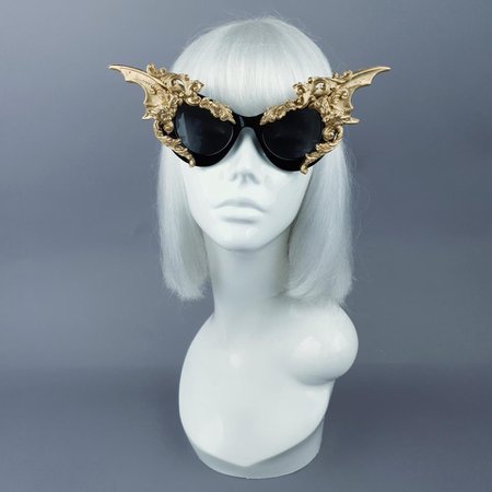 "Bathory" Black & Gold Filigree Ornate Bat Wing & Cherub Sunglasses – Pearls & Swine