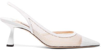 Fetto 65 Patent-leather, Fishnet And Mesh Slingback Pumps - White