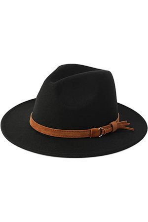 Lisianthus Men & Women Vintage Wide Brim Fedora Hat with Belt Buckle A-Black 59-60cm at Amazon Men’s Clothing store