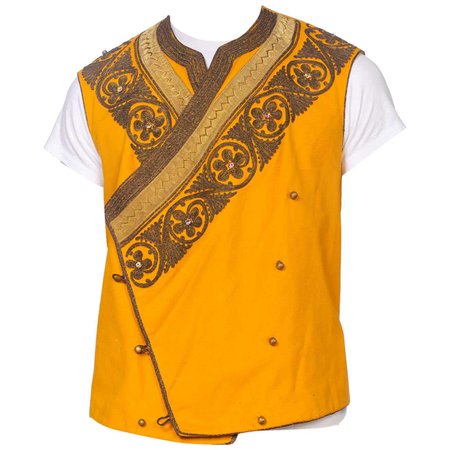 Edwardian Mustard Yellow Wool Antique Mens Silk Lined Military Vest With Gold M For Sale at 1stDibs
