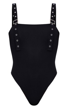 Black Buckle Strap Thong Bodysuit | Tops | PrettyLittleThing