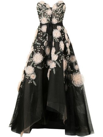 Shop black Marchesa floral-embroidered strapless gown with Express Delivery - Farfetch