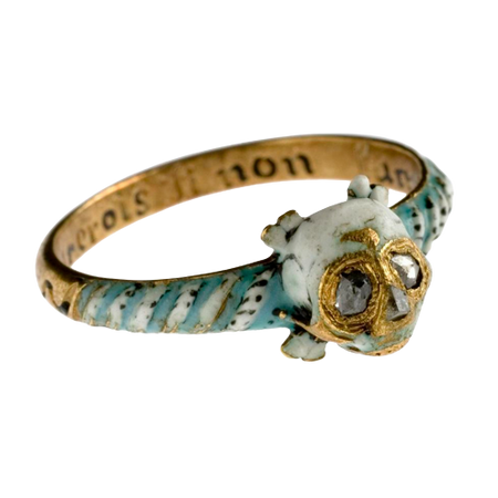 17th c. Ring of gold enamelled in pale blue, white and black and set with diamonds, decorated with skull and crossbones and nielloed inscription. Place of origin: Scotland (probably). Date: c. 17th century. Collection: National Museums Scotland, UK.