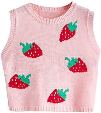 Floerns Women's Sleeveless Round Neck Cute Strawberry Sweater Vest Crop Shirt Top Pink S at Amazon Women’s Clothing store