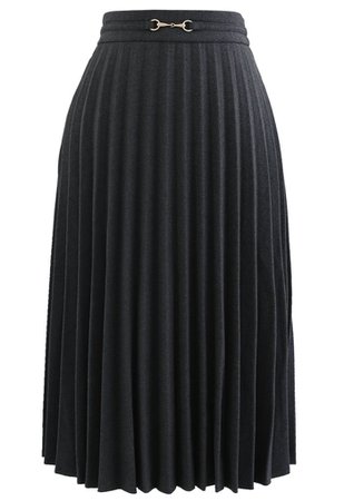 Horsebit Trims Wool-Blend Pleated Midi Skirt in Grey - Retro, Indie and Unique Fashion