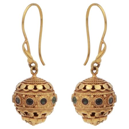 18 Karat Gold Ball Drop Earrings with Emeralds For Sale at 1stDibs