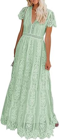Amazon.com: MEROKEETY Women's V Neck Short Sleeve Floral Lace Wedding Dress Bridesmaid Cocktail Party Maxi Dress : Clothing, Shoes & Jewelry