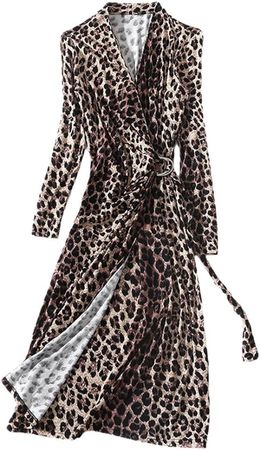 Youllyuu Women V-Neck Leopard Printing Button Lace-Up Stretch Maxi Dress at Amazon Women’s Clothing store