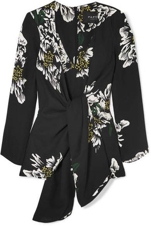Mimi Tie-front Floral-print Crepe Top - Black