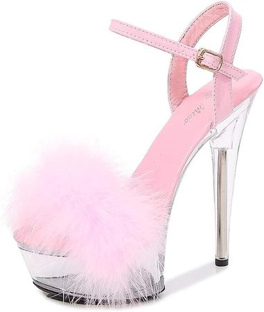 Amazon.com | MissHeel Ankle Strap Clear Platform Sandals Fluffy Heels Stiletto | Heeled Sandals