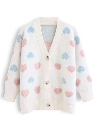 Button Down Heart Fuzzy Knit Cardigan in Ivory - Retro, Indie and Unique Fashion
