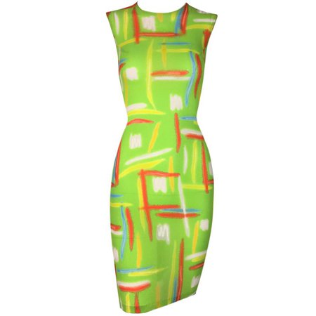 S/S 1996 Gianni Versace Documented Spray Paint Sheer Green Silk Mini Dress For Sale at 1stdibs
