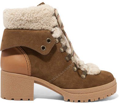 Shearling-trimmed Suede And Leather Ankle Boots - Light brown