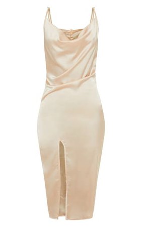 Champagne Strappy Satin Cowl Midi Dress | PrettyLittleThing