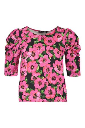 Floral Puff Sleeve Shell Top | Boohoo pink