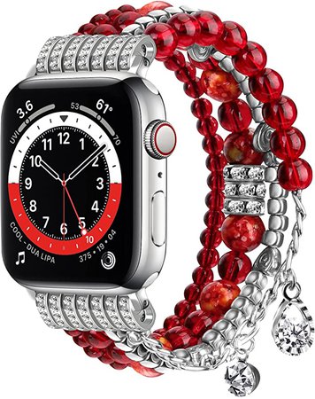 Amazon.com: BeautyFurlife Beaded Bracelet Band Compatible with Apple Watch Band 38mm 40mm 41mm 42mm 44mm 45mm iWatch Series 7 6 5 4 3 2 1 SE, Handmade Charm Crystal Beaded Watch Band for Women Girls(Red-38M) : Cell Phones & Accessories