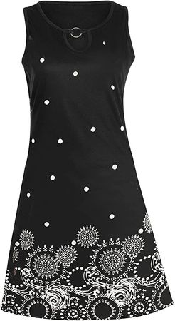 SKDOGDT Women's Summer Sleeveless Flower Prints Mini Dresses Casual Hollow Out Asymmetry Hem Tshirt Sundress Loose Tank Dress at Amazon Women’s Clothing store