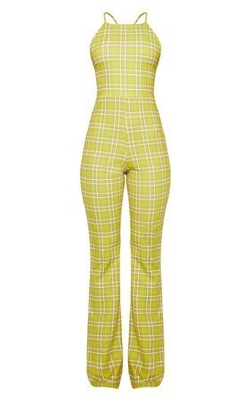 LIME GREEN STRAPPY BACK CHECK WIDE LEG JUMPSUIT