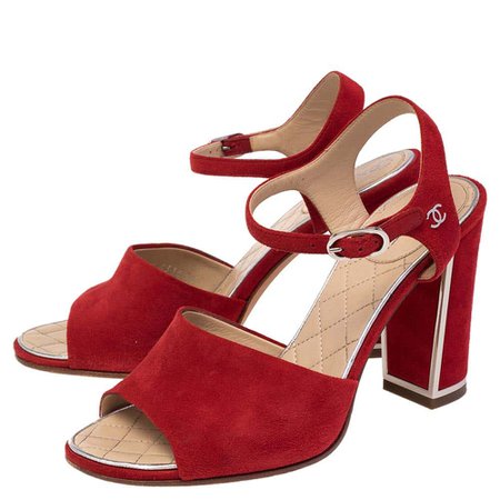 Chanel Red Suede Ankle Strap Block Heel Sandals Size 35.5 For Sale at 1stDibs