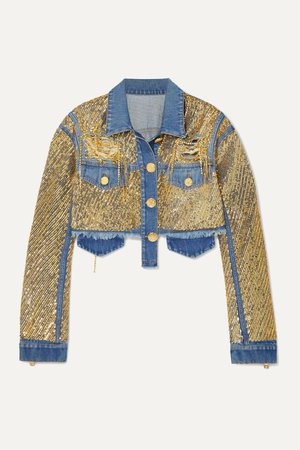 Blue Cropped embellished distressed denim jacket | Balmain | NET-A-PORTER