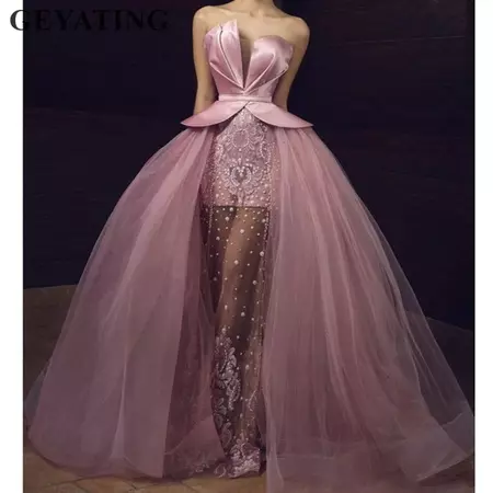 Aliexpress.com: Comprar Arabia Saudita la rosa tul vestidos de baile 2019 elegante hombro ilusión de Apliques de encaje de tela Dubai vestido de noche de Vestidos de baile fiable proveedores en Polaris Wedding Store