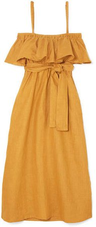 Santo Ruffled Linen Midi Dress - Mustard