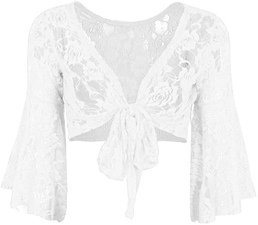 FEESHOW Women's Bell 3/4 Length Butterfly Sleeves Front Tie Lace Bolero Cropped Shrug Top White One Size at Amazon Women’s Clothing store