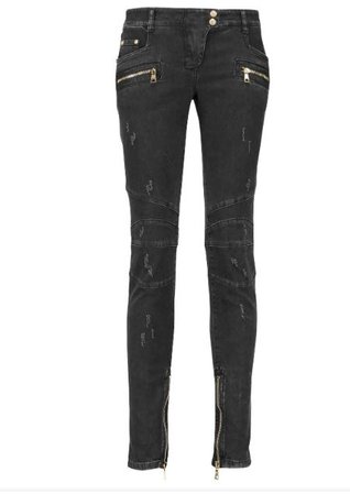 Balmain Zip-Detailed Low-Rise Black Biker Leather Skinny Pants