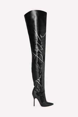 Manolo Blahnik Printed Satin Thigh Boots - Black