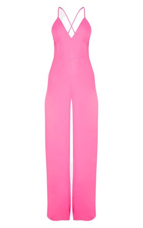 Bright Pink Plunge Side Split Leg Jumpsuit | PrettyLittleThing