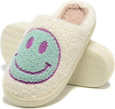 Purple Retro Fuzzy Face Slippers for Women Men, Retro Soft Fluffy Warm Home Non-Slip Couple Style Casual Smiley Face Slippers Indoor Outdoor Anti-Skid Warm Cozy Foam Slide Fuzzy Slides with Soft Memory Foam Shoes | Shoes