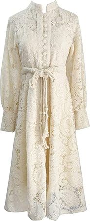 Amazon.com: Midi Dress Luxury Elegant A-Line Party Belt Hollow Out Lace Embroidery Dresses Women Spring Long Sleeve Vintage (Color : Beige, Size : L.) : Clothing, Shoes & Jewelry