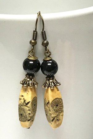 Vintage Japanese Tensha Bead Dangle Earrings Black Gold | Etsy