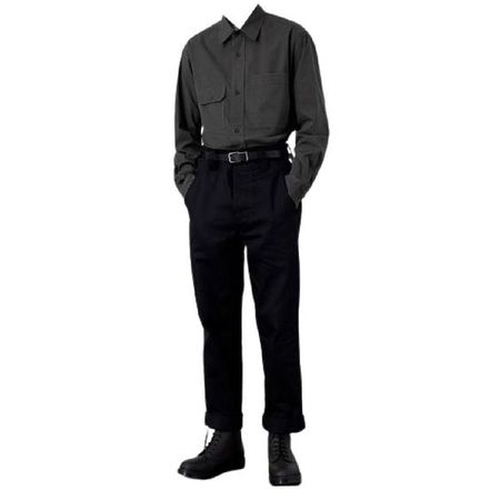 black gray dress shirt belt cuffed pants boots full outfit png