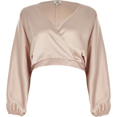 Light pink wrap front balloon sleeve crop top - Crop Tops / Bralets - Tops - women