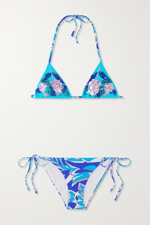 Emilio Pucci | Embellished floral-print triangle bikini | NET-A-PORTER.COM