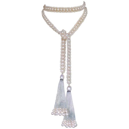 Marina J. Woven White Pearl and Aquamarine beads Sautoir with Graduated Tassels For Sale at 1stdibs