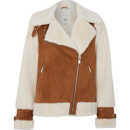 Brown faux suede shearling aviator jacket | River Island