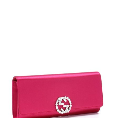 $1000 Gucci GG Logo Hot Pink Fuschia Satin Swarovski Broadway Clutch Purse - Lust4Labels