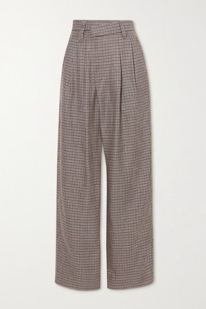 Pleated Houndstooth Linen, Wool And Silk-blend Wide-leg Pants - Brown