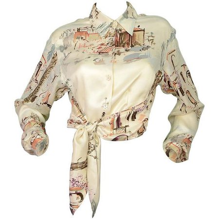 HERMES Ivory Landscape Printed Silk Button Down Top