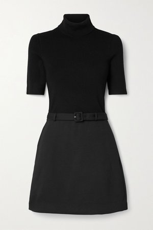 Black Belted ribbed merino wool-blend and twill turtleneck mini dress | Theory | NET-A-PORTER
