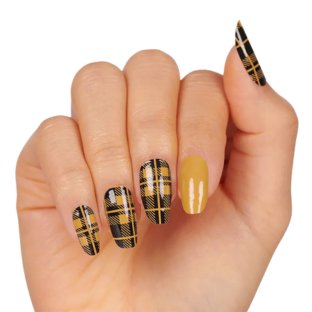 yellow black plaid manicure nails