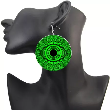 Trippy Alien Eyeball Mandala Earrings lime green weirdcore fractal art – AbyssWares