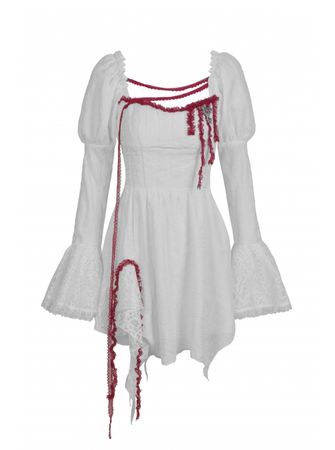 Gothic Vampire Red Lace Tied Rope Decoration Square Neck Puff Sleeve Waist Design White Dress - Magic Wardrobes