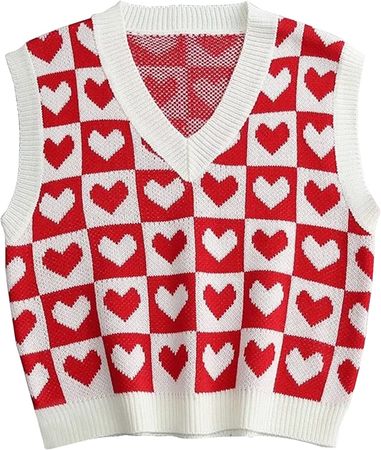 SAFRISIOR Women Cute Heart Checker Print Sweater Vest V Neck Color Block Sleeveless Pullover Knit Tank Top 90s E-Girls Red at Amazon Women’s Clothing store