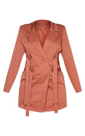 Terracotta Pinstripe Buckle Detail Blazer Dress | PrettyLittleThing USA