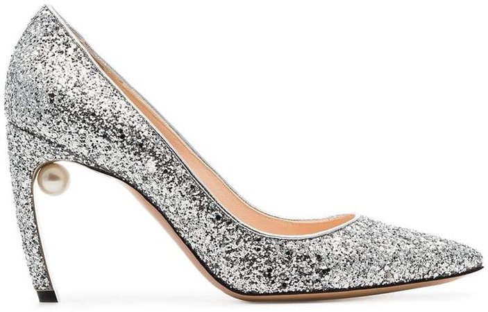 silver Mira 90 glitter pearl heel pumps
